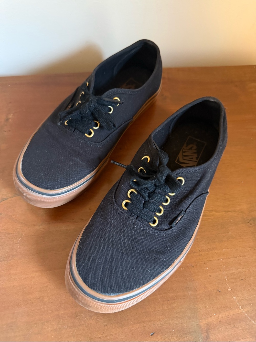 Vans Authentic Black Canvas Low-Top Sneakers with Gum Sole, size men 8 women 9.5